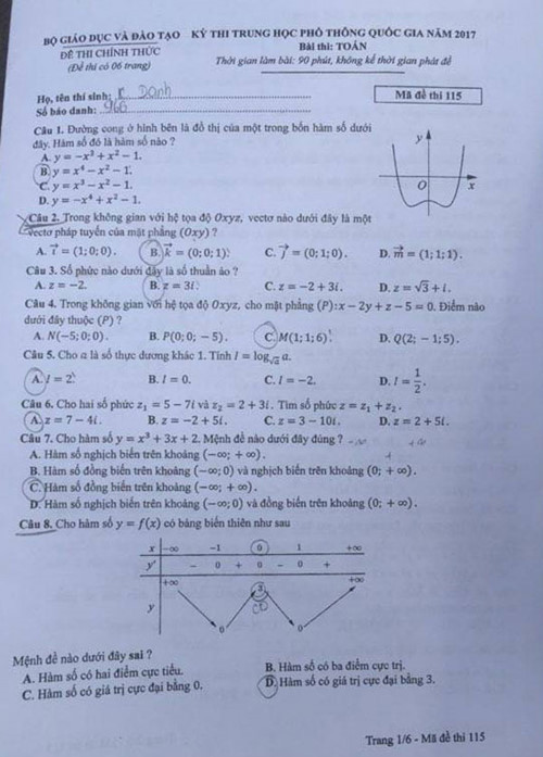 Đề thi và đáp án môn Toán trắc nghiệm THPT Quốc Gia 2017
