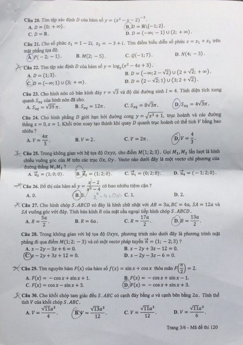 Đề thi và đáp án môn Toán trắc nghiệm THPT Quốc Gia 2017