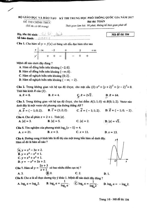 Đề thi và đáp án môn Toán trắc nghiệm THPT Quốc Gia 2017