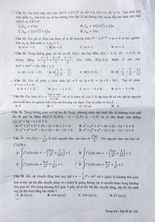 Đề thi và đáp án môn Toán trắc nghiệm THPT Quốc Gia 2017